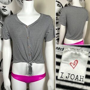 I Love Joah Black & White Stripe Tie Front Short Sleeve Top w/ Wood Buttons Sz S